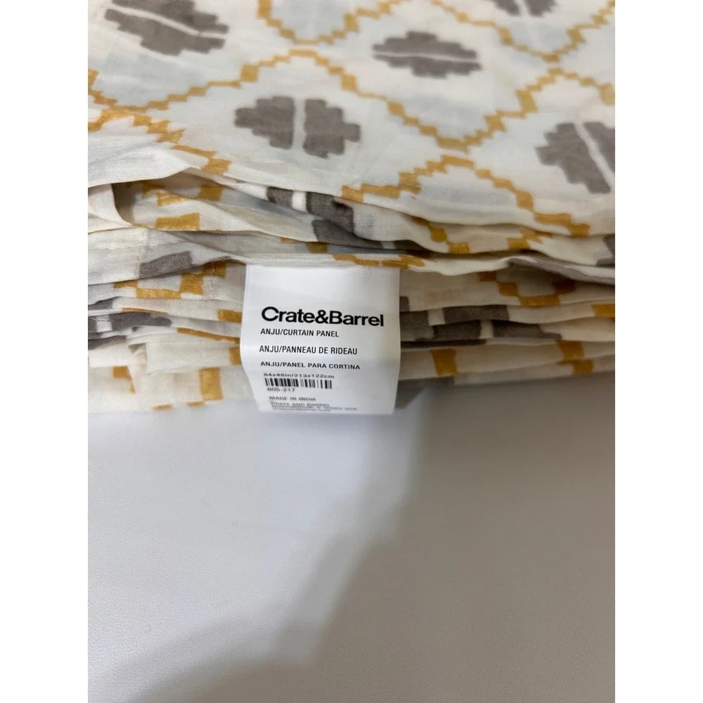 Crate & Barrel Anju Curtain 3 Panels 84x48 Mid Century Yellow Wheat Ikat Sheer